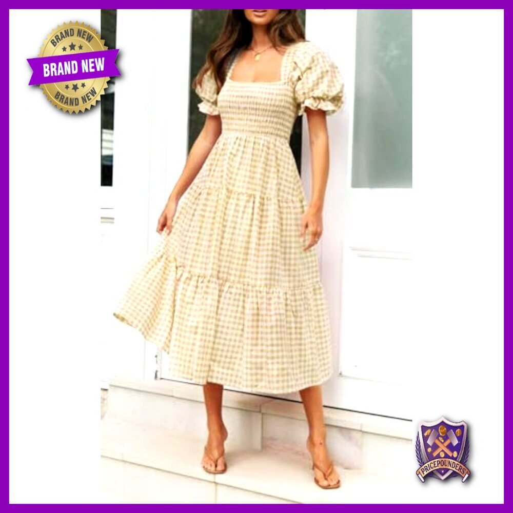 Bohemian Summer Plaid Square Neck Puff Sleeve Ruffle Flowy Midi Dress - Picture 2 of 7